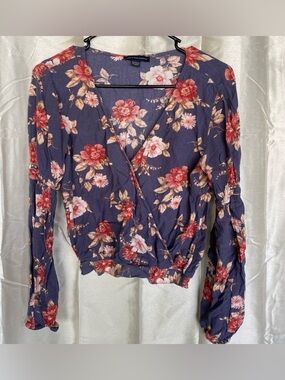Floral Wrap Blouse - Navy with Red Floral